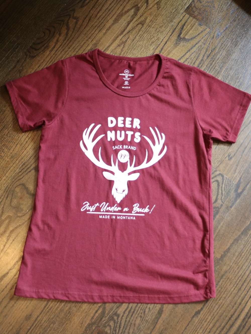Woman's Deer Nuts Snack Brand Funny T-Shirt Maroon/Burgundy White Size Medium